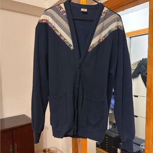 Vintage USA made Navy blue oversized cardigan sweater with patchwork quilt